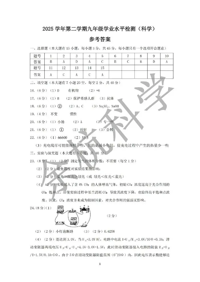 【中考模拟】浙江省杭州市临安区一模科学卷(附答案) 第14张