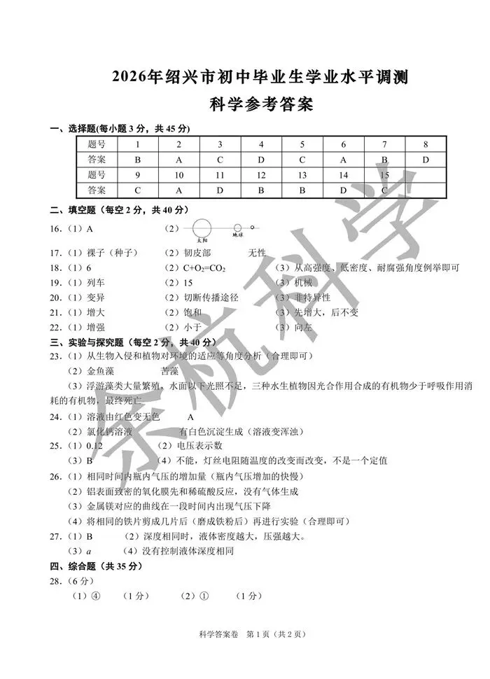 【中考模拟】浙江省绍兴市2026年初中毕业生学业水平调测 科学一模试卷(含答案) 第14张