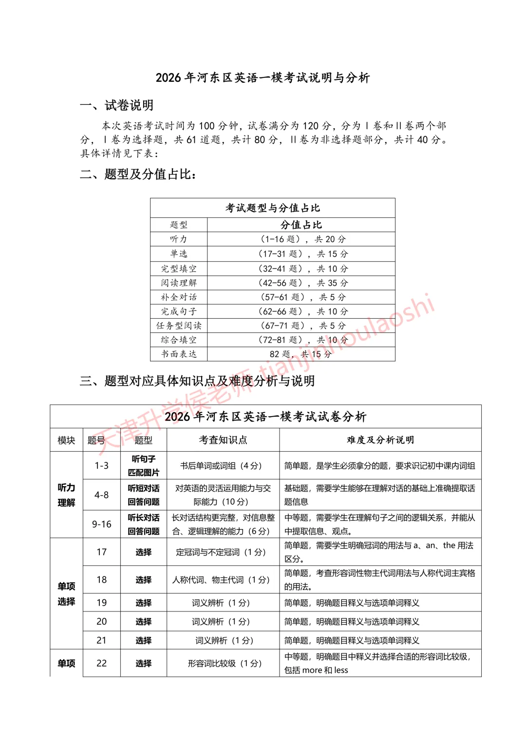 试卷分析:2025-2026学年天津河东区初三一模(语数英物化历6科)丨附近3年初三结课考一模二模真题 第7张