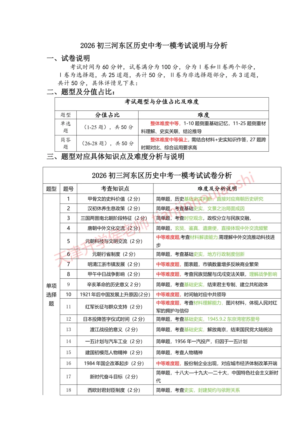 试卷分析:2025-2026学年天津河东区初三一模(语数英物化历6科)丨附近3年初三结课考一模二模真题 第15张
