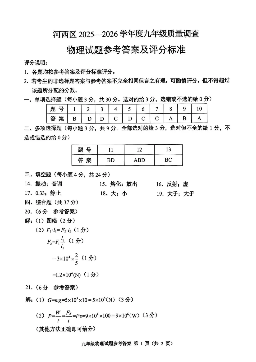 26春天津河西区物理初三一模试卷和答案 第11张