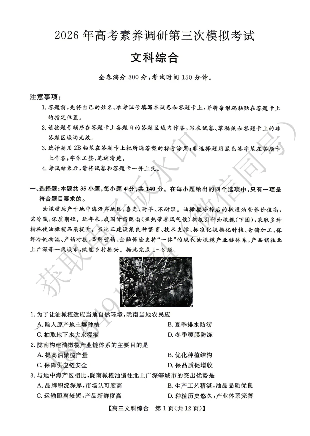 2026年高考素养调研第三次模拟考试文综试卷 第1张