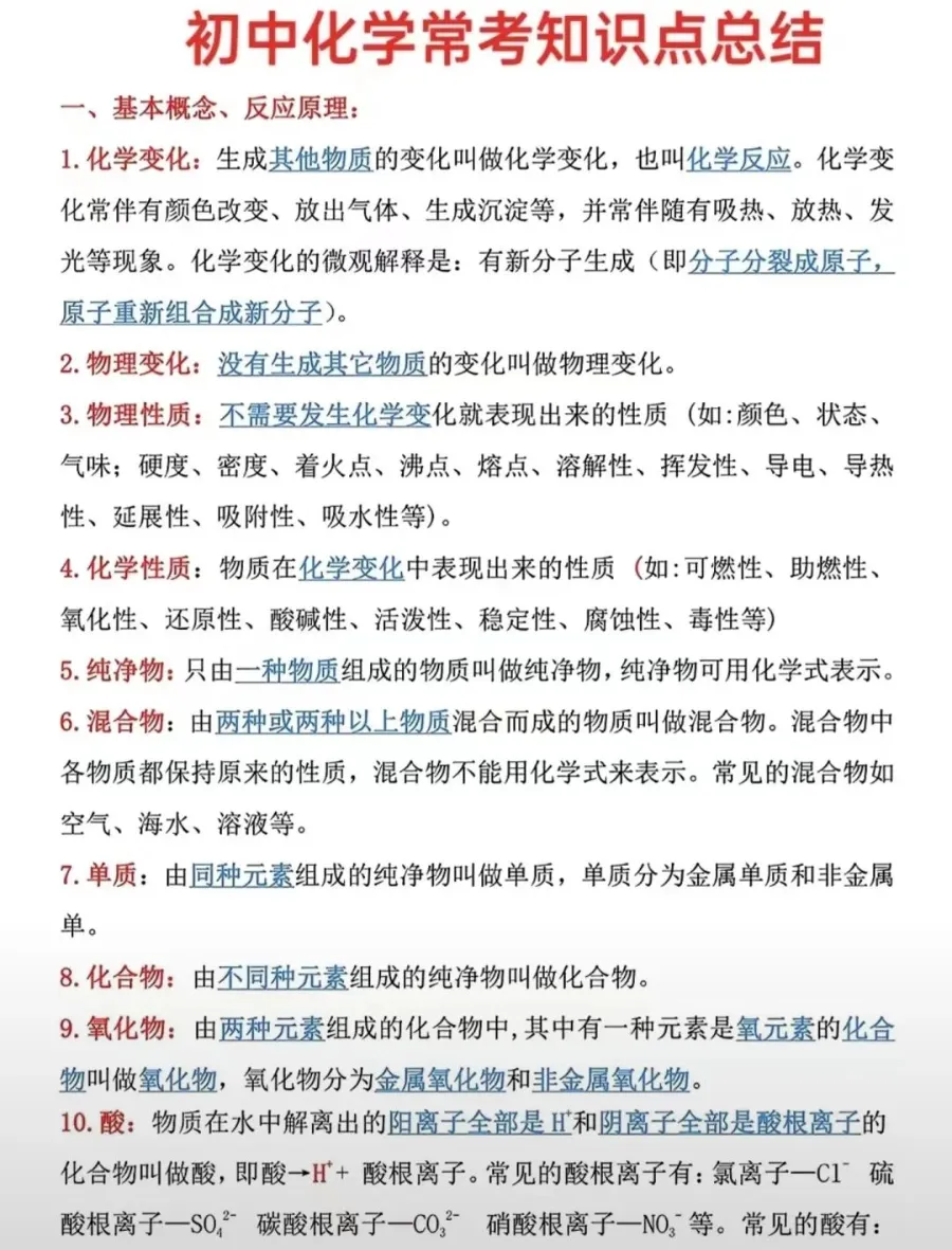 一篇搞定中考化学考试重点!一定要让孩子看一遍!(可打印) 第2张