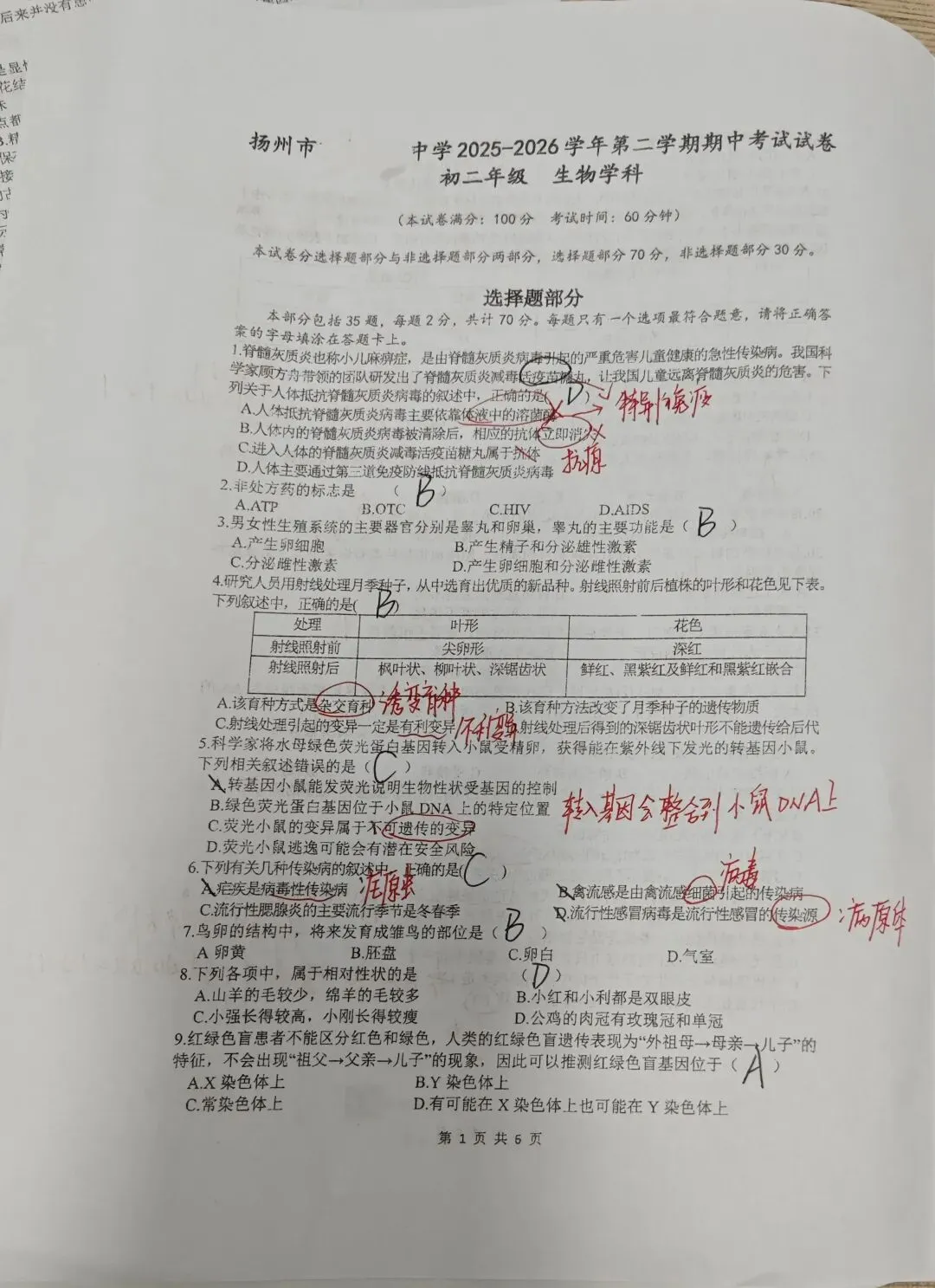 【生物】8下生物期中考试试卷 第1张