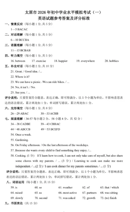 太原市2026年初中学业水平模拟考试——英语 第14张