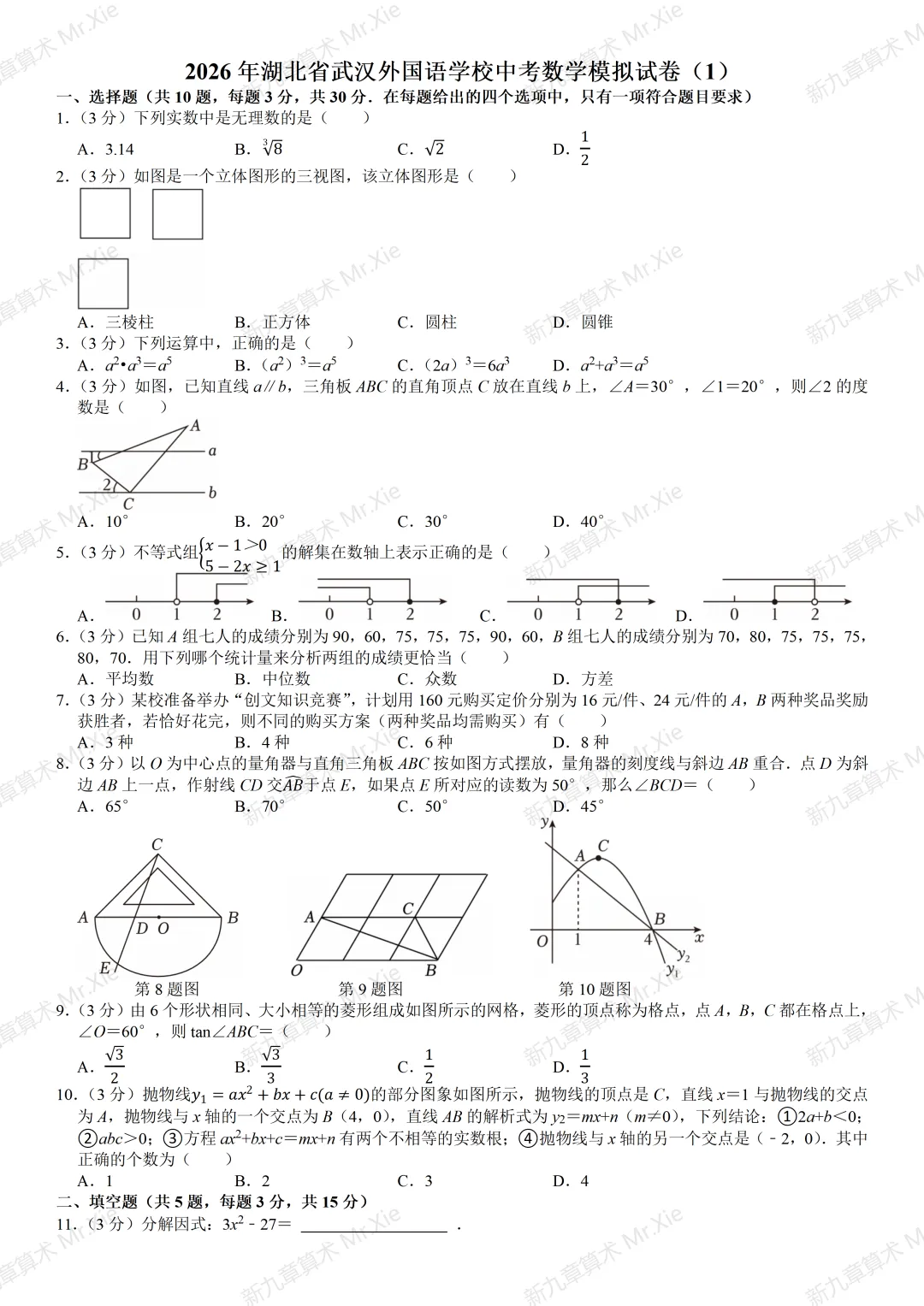 武汉外国语学校2026年中考数学模拟试卷(1) 及参考答案 第1张