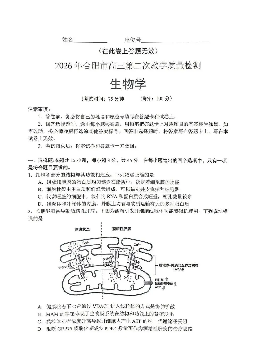 全!2026合肥高三二模试卷及答案 第1张