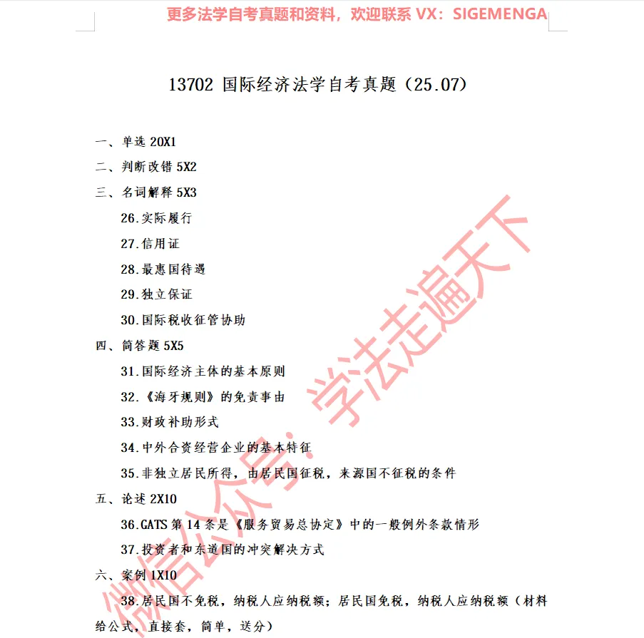 13702 国际经济法学自考真题(25.07) 第1张
