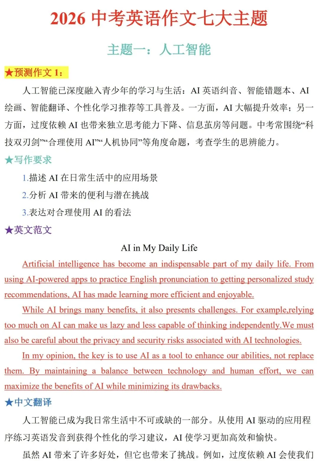 2026中考英语作文七大主题,熬夜背!! 第1张