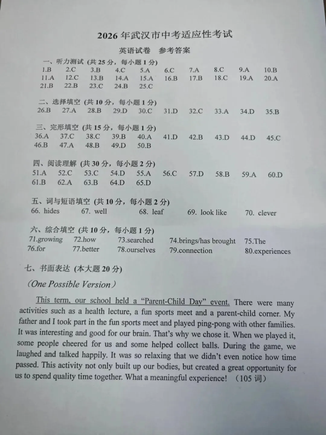 2026 年武汉市中考适应性考试(四调分析+听力&答案) 第16张