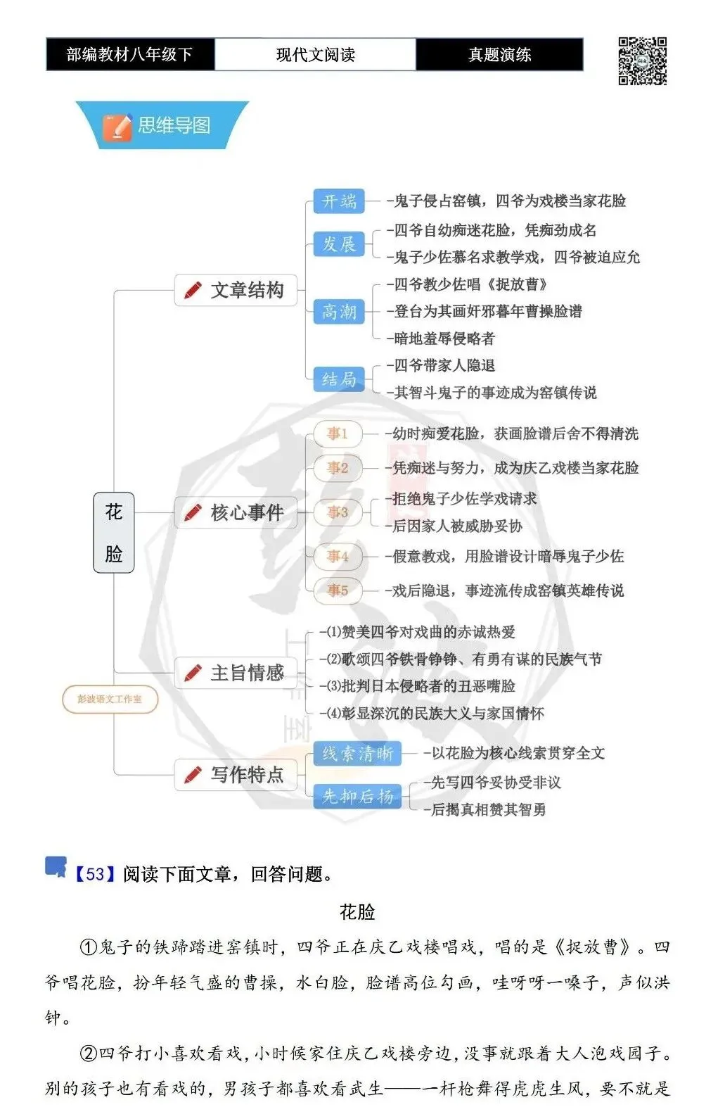 【现代文阅读-真题演练】八年级下-53-花脸-思维导图+试题精析 第5张