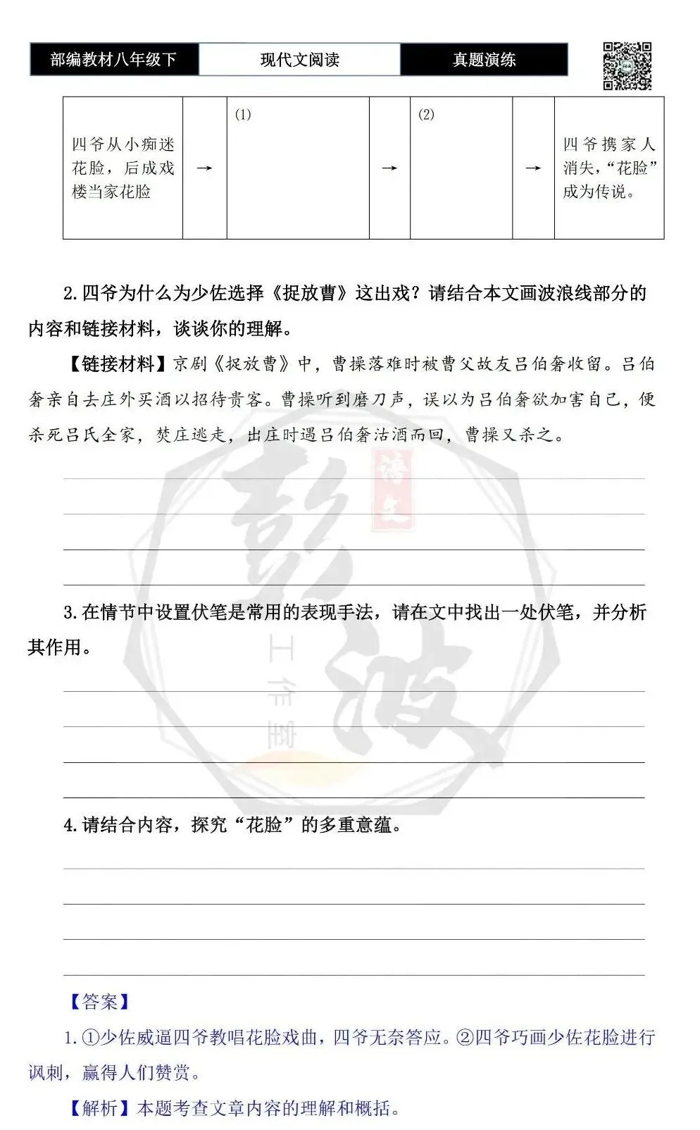 【现代文阅读-真题演练】八年级下-53-花脸-思维导图+试题精析 第8张