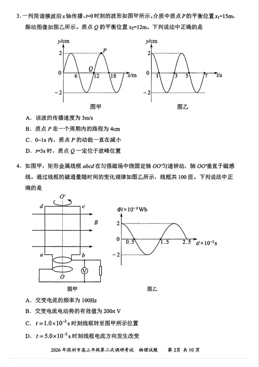 2026年4月深圳高三二模物理、历史试卷和参考答案 第2张