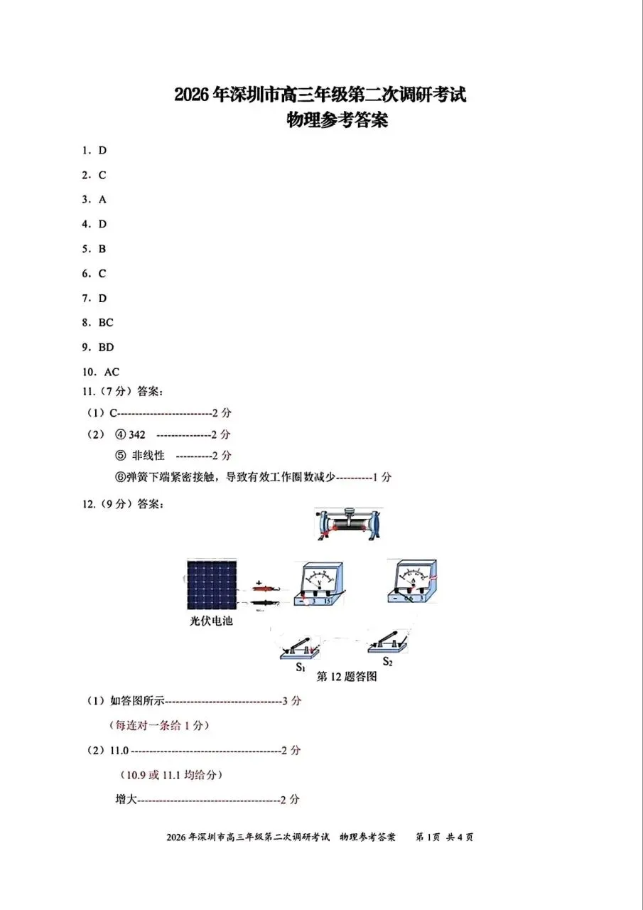 2026年4月深圳高三二模物理、历史试卷和参考答案 第11张