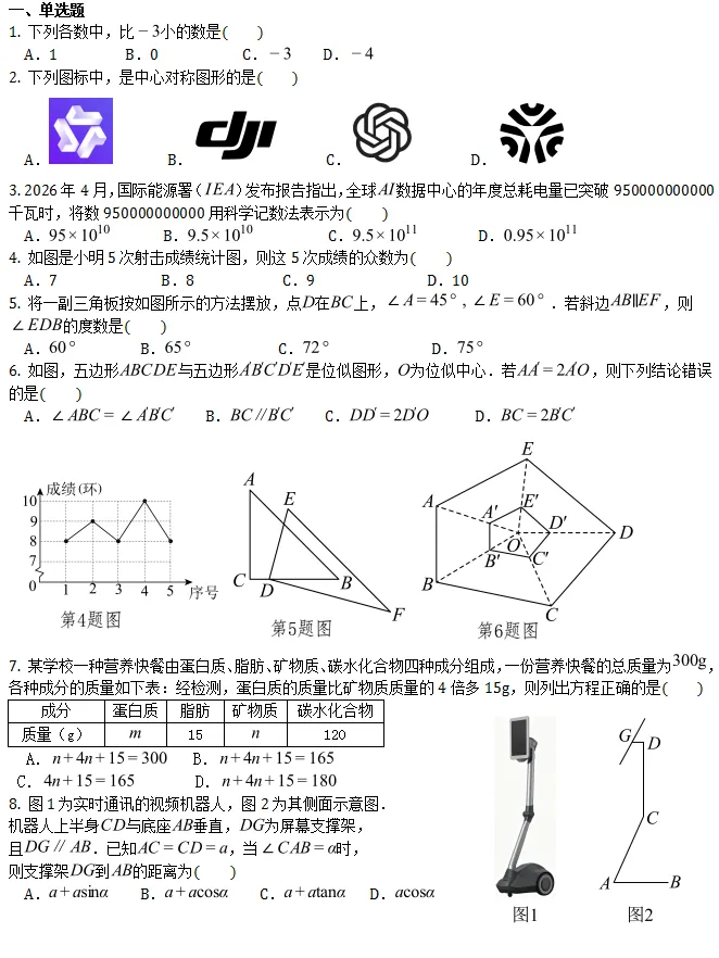 中考模拟||2026年浙江省杭州市临平区中考模拟检测数学试题卷(含难题解析) 第2张