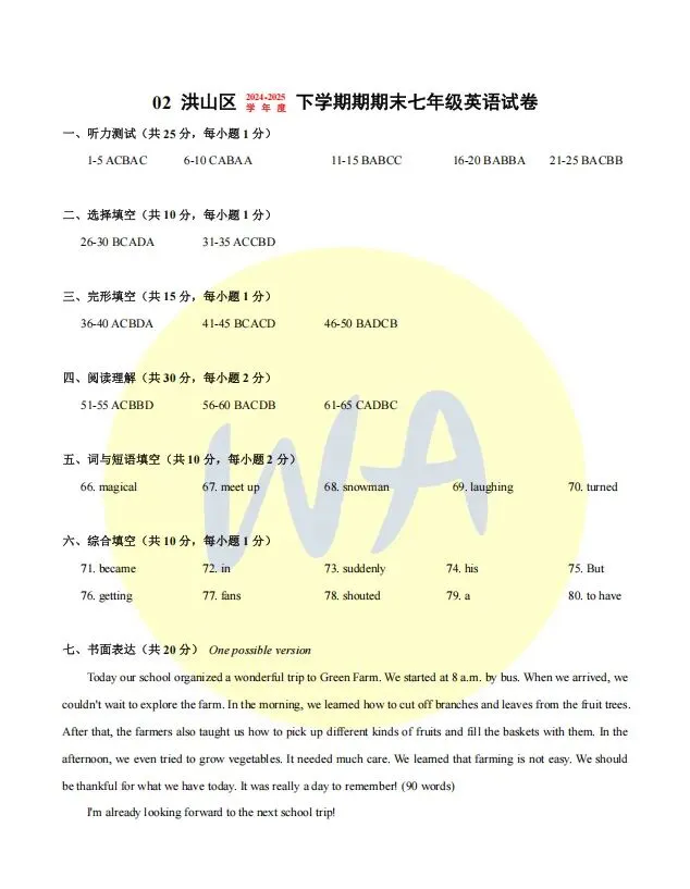 2024-2025年洪山区七下期末试卷(答案版) 第1张