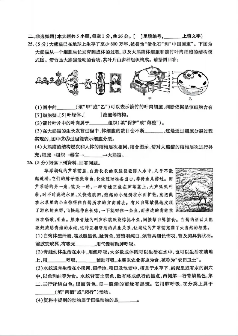 2026南岗区八年级下生物一模 试卷+答案 第5张
