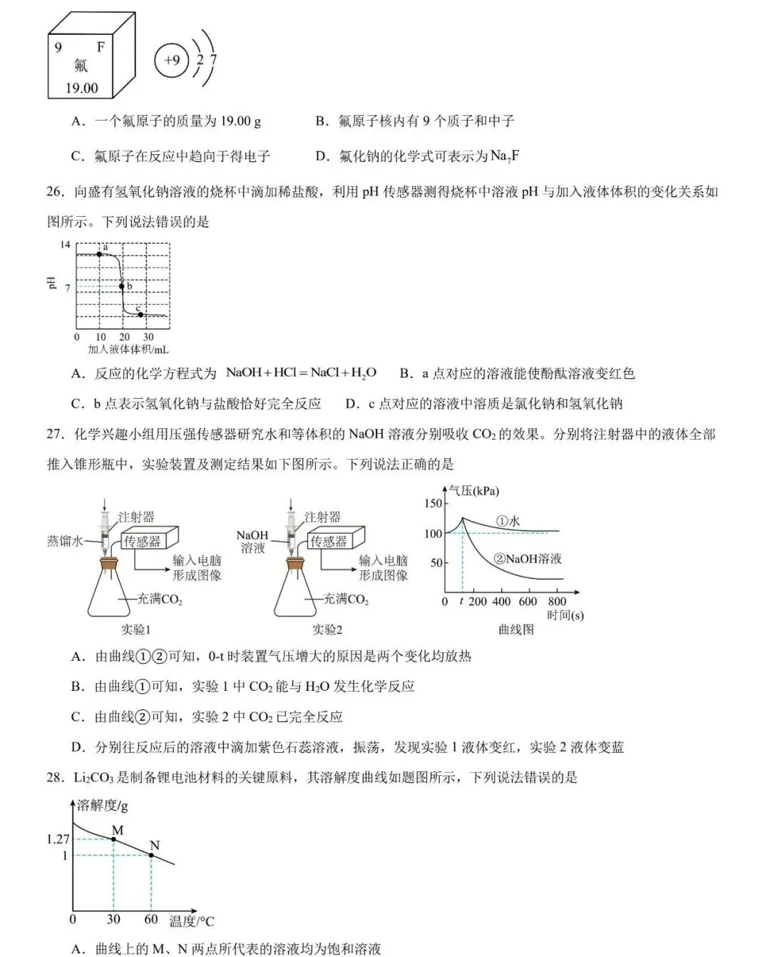 2026年中考化学选择题强化题库100题 第8张