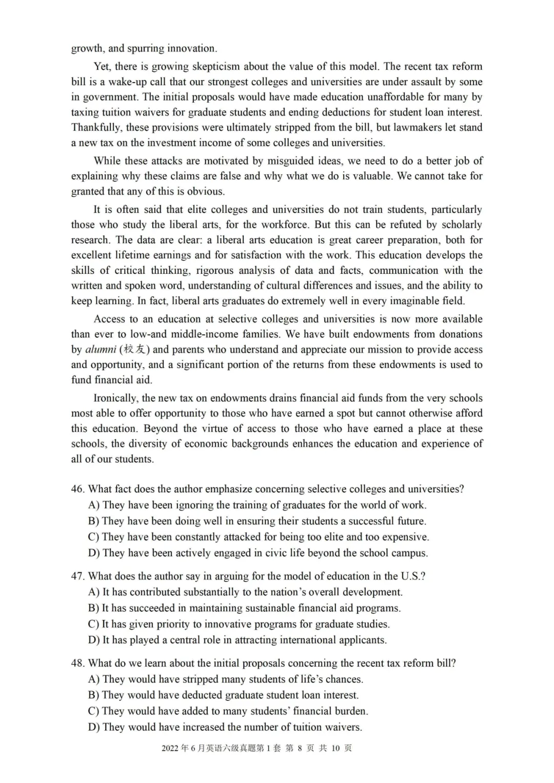 2022年06月大学英语六级真题(第一套) 第8张