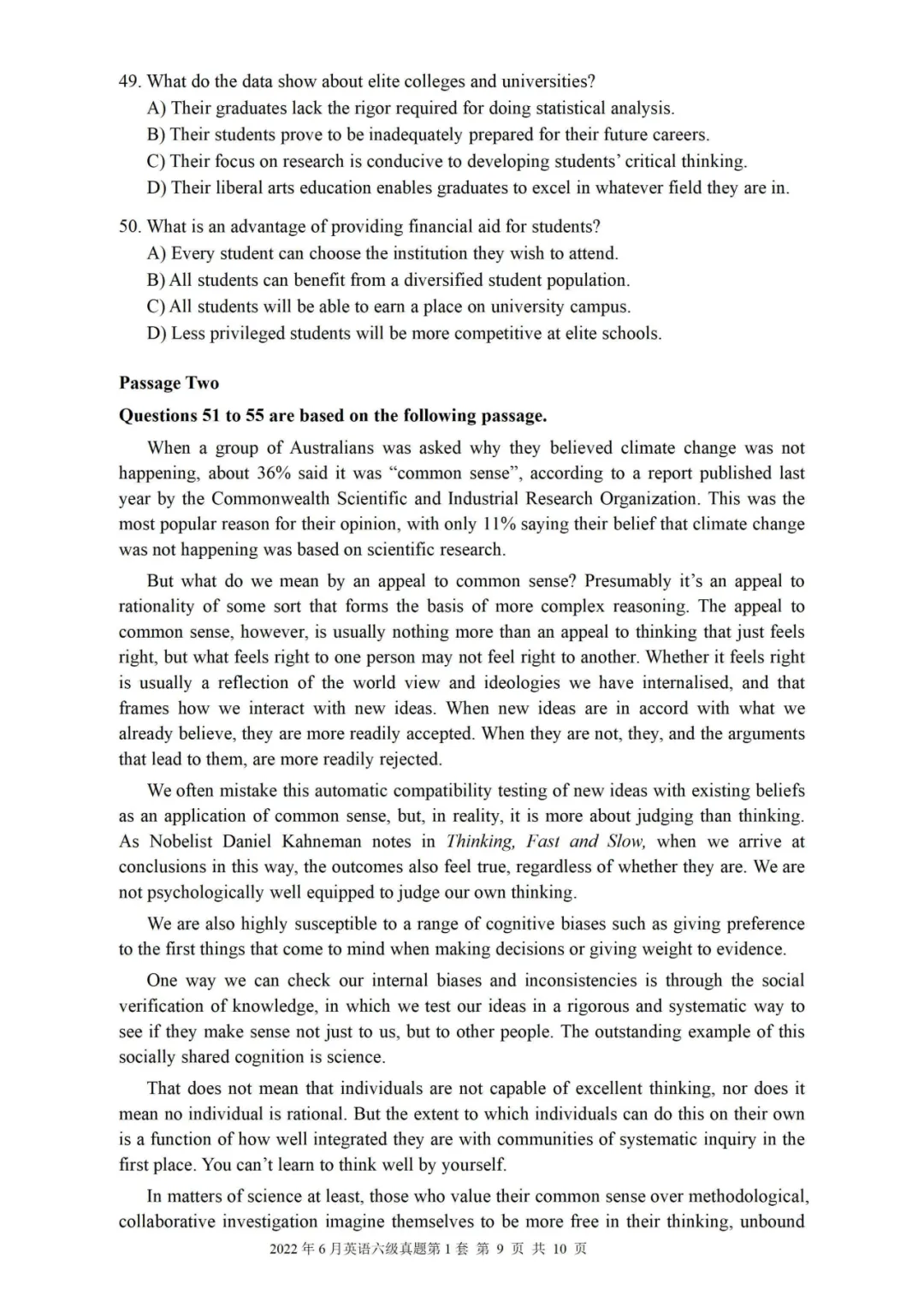 2022年06月大学英语六级真题(第一套) 第9张