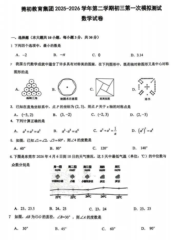 【数学试卷】广东东莞市东莞中学初中部2025-2026学年下学期九年级第一次模拟测试 第1张