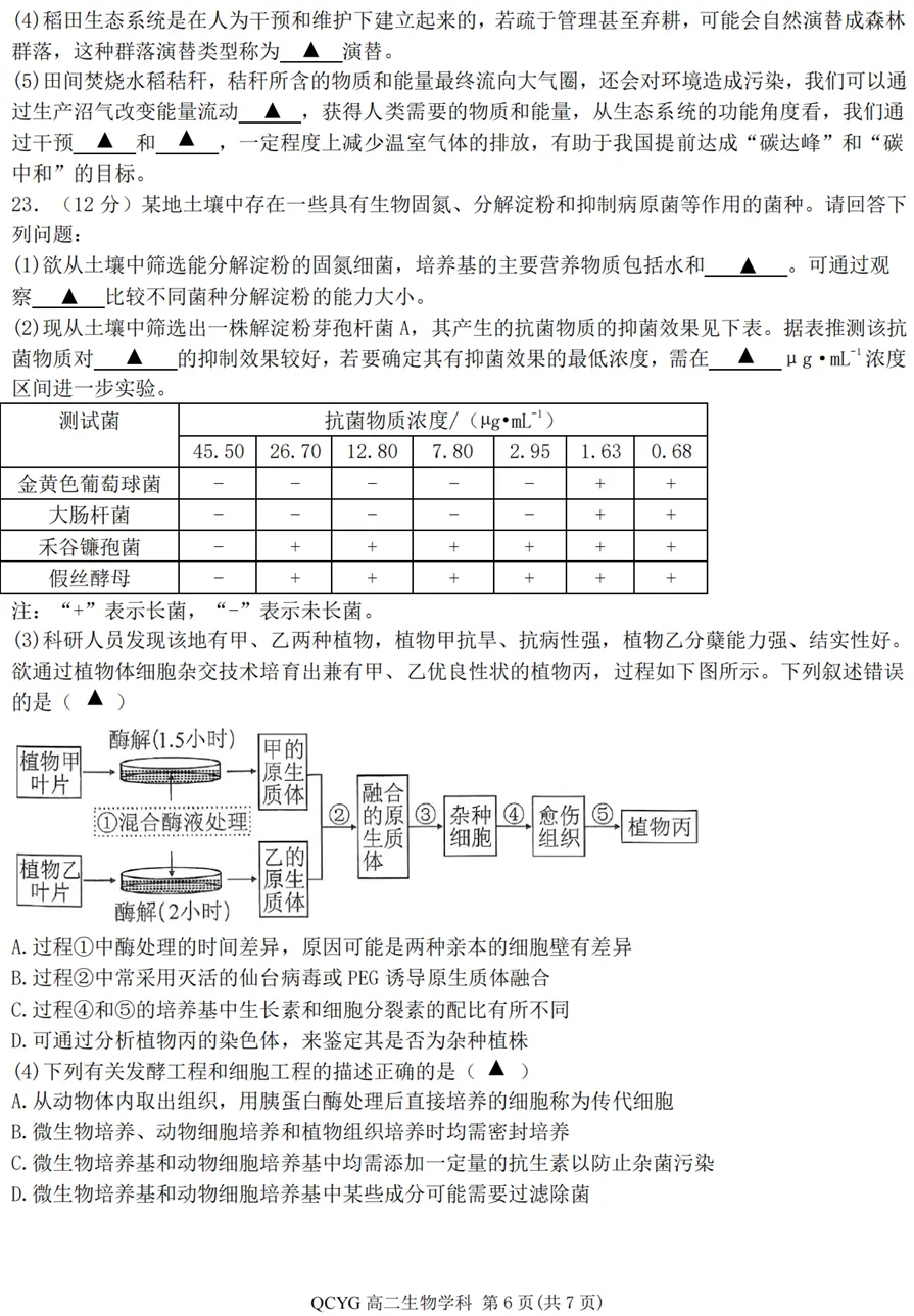 2026年4月七彩阳光高二期中联考生物试卷、答案 第5张