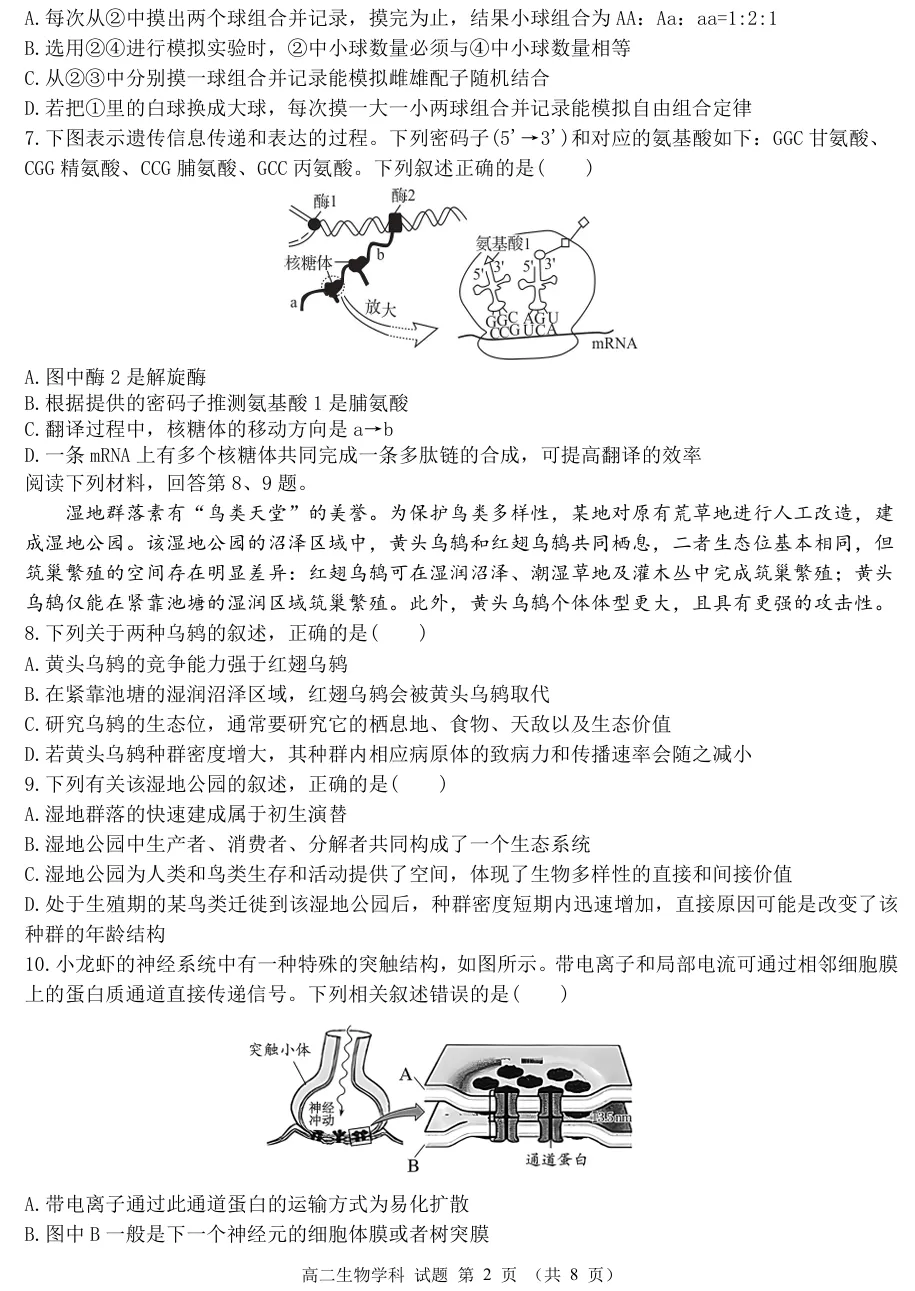 2026年4月温州十校高二期中联考生物试卷、答案和解析 第2张