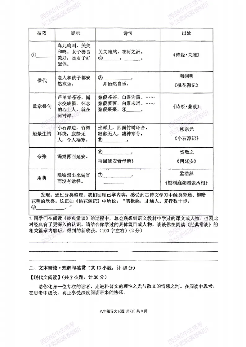 最新!名校期中考!西安期中:【2026西安高新三初】八下期中考试,语文试题,免费下载! 第8张