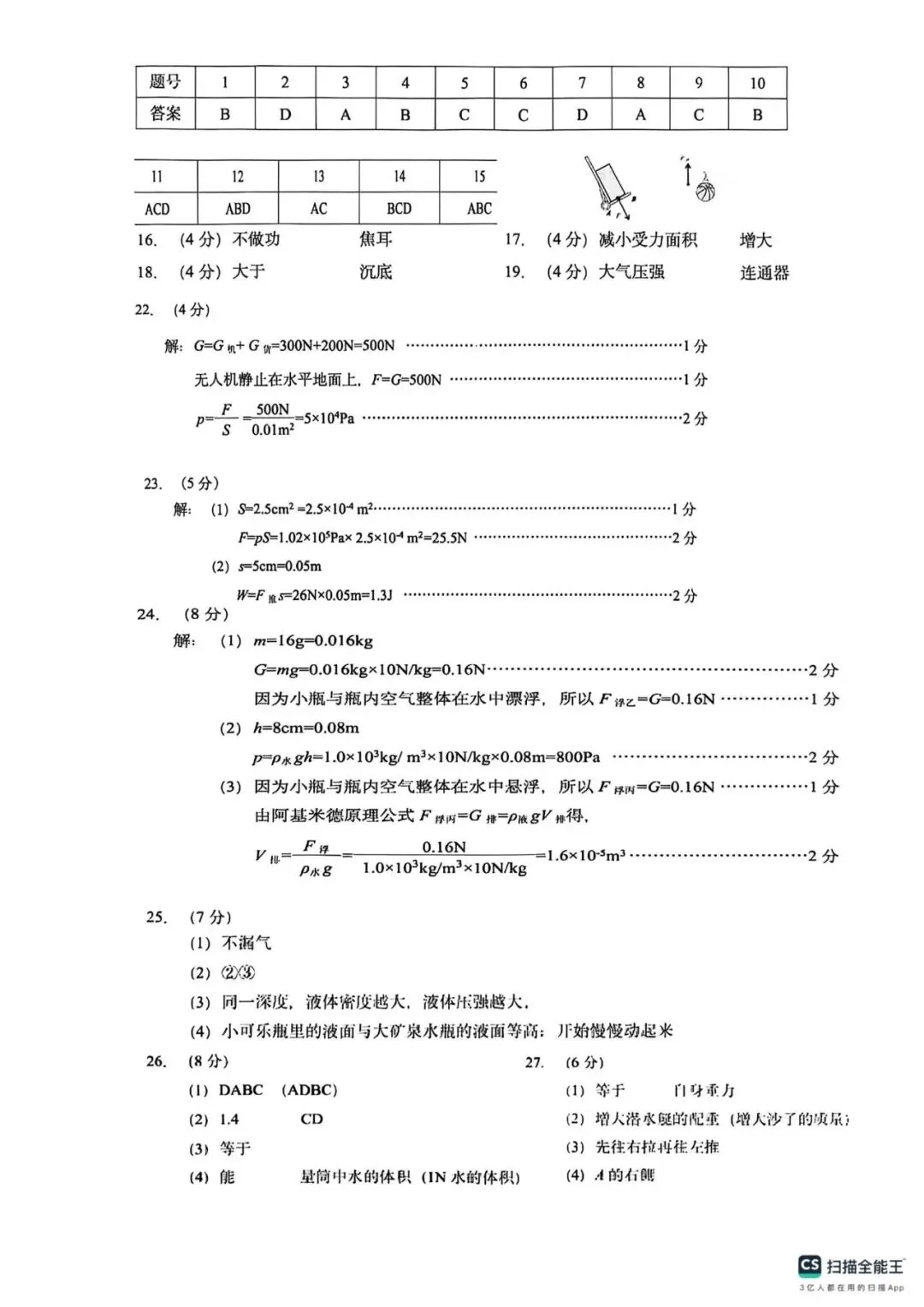 2026.4 历下区8年级期中物理试卷+答案 第9张