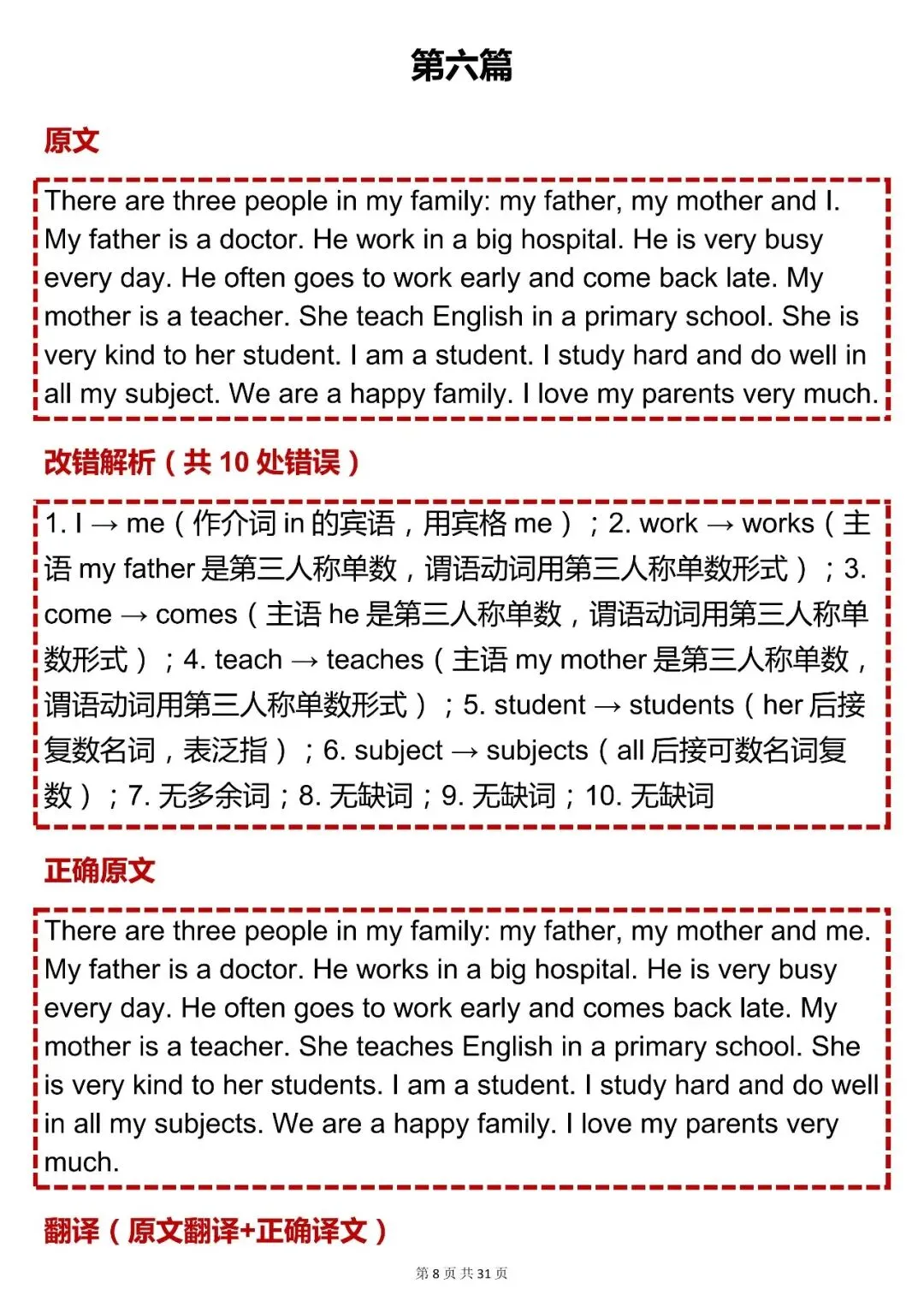 中考英语必背【初中英语短文改错(含翻译)】,可打印 快收藏 第8张