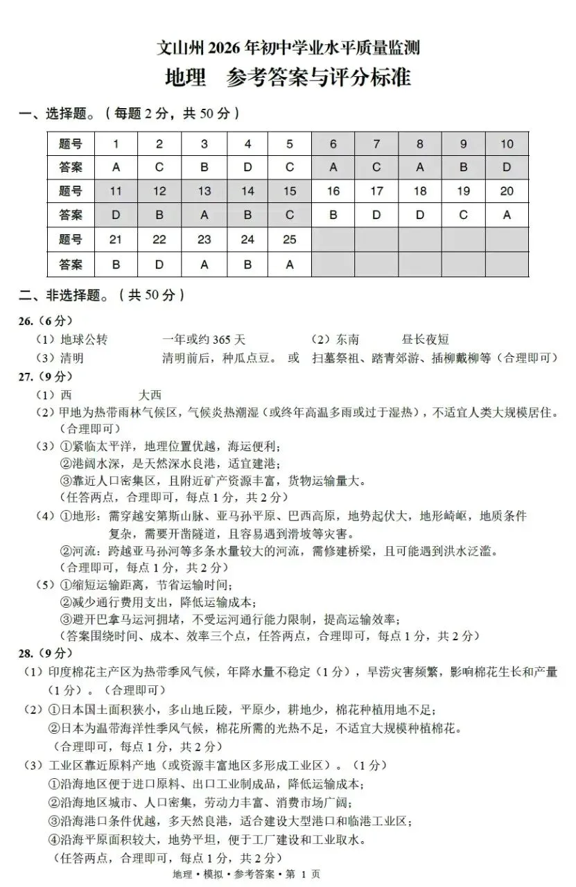2026云南省文山州中考一模地理试卷(含答案) 第9张