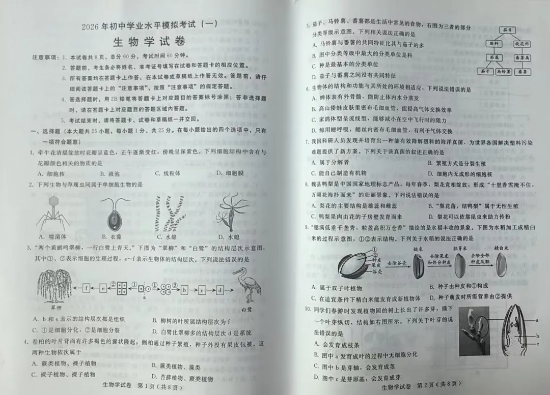 【2026中考】生物模拟一考试试卷,请核对答案 第2张