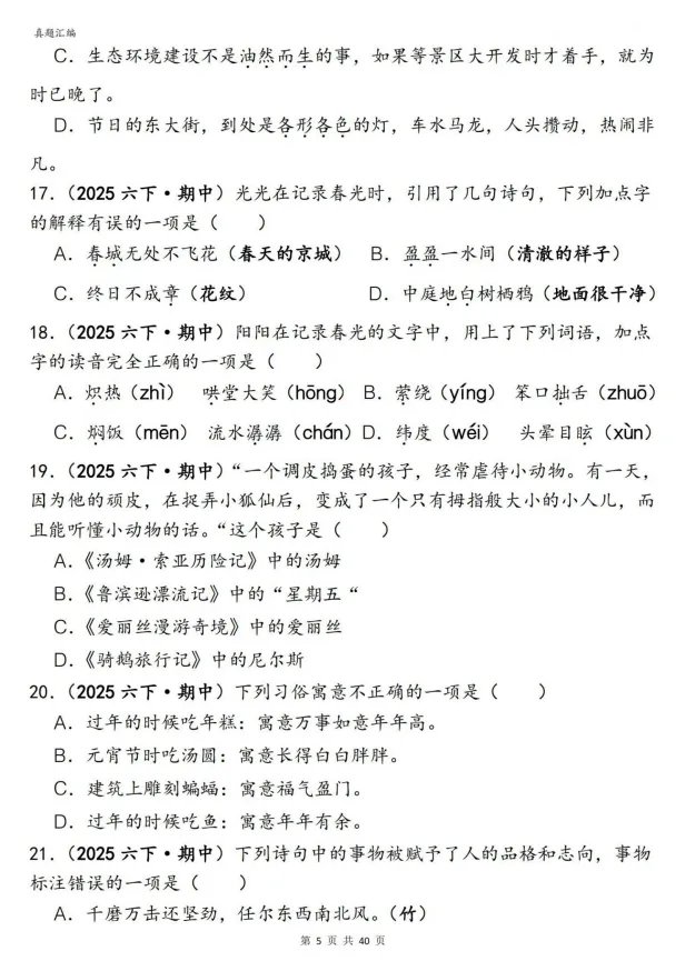 26春新六年级下册语文期中复习《易错真题——选择题150道》专项练习,完整电子版可打印 第8张
