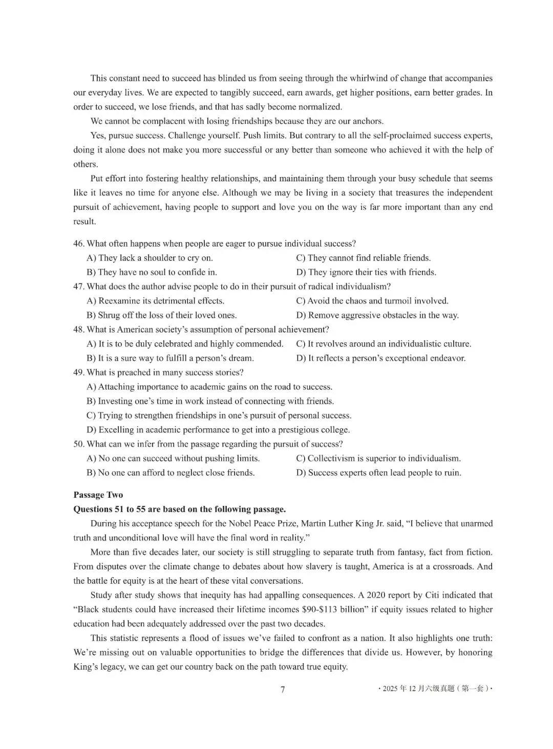 2025年12月英语六级真题及完整版答案解析(一、二、三套全)可下载打印 第5张