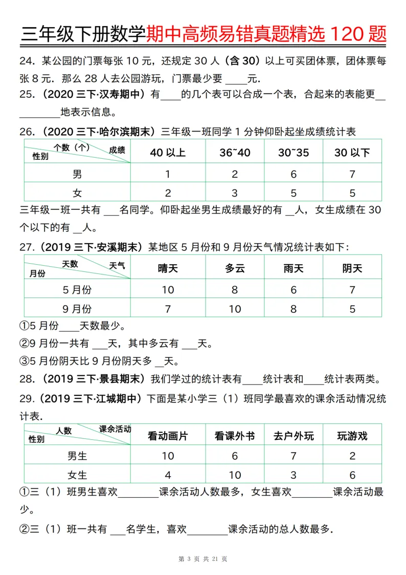 三年级(下)数学期中高频易错真题精选120题六大类型(练习版21页+答案版21页) 第3张
