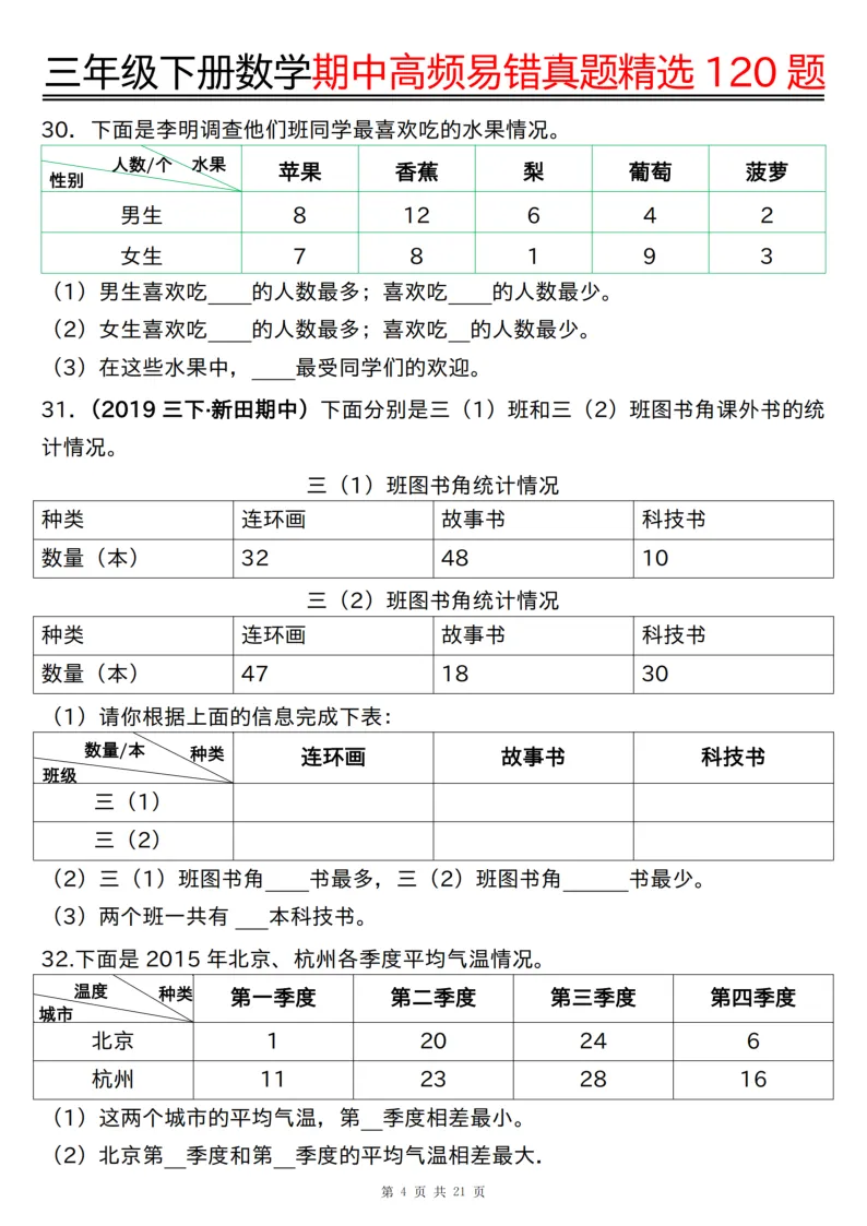 三年级(下)数学期中高频易错真题精选120题六大类型(练习版21页+答案版21页) 第4张