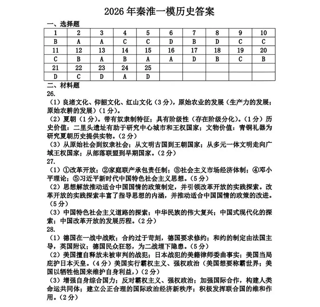 【2026秦淮一模历史】最新真题+答案速递 第6张