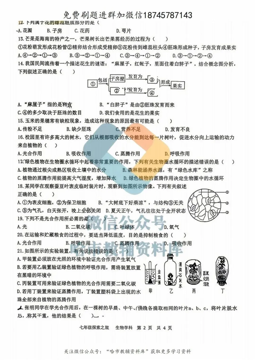 2026哈17中学七年级下生物期中试卷及答案 第3张