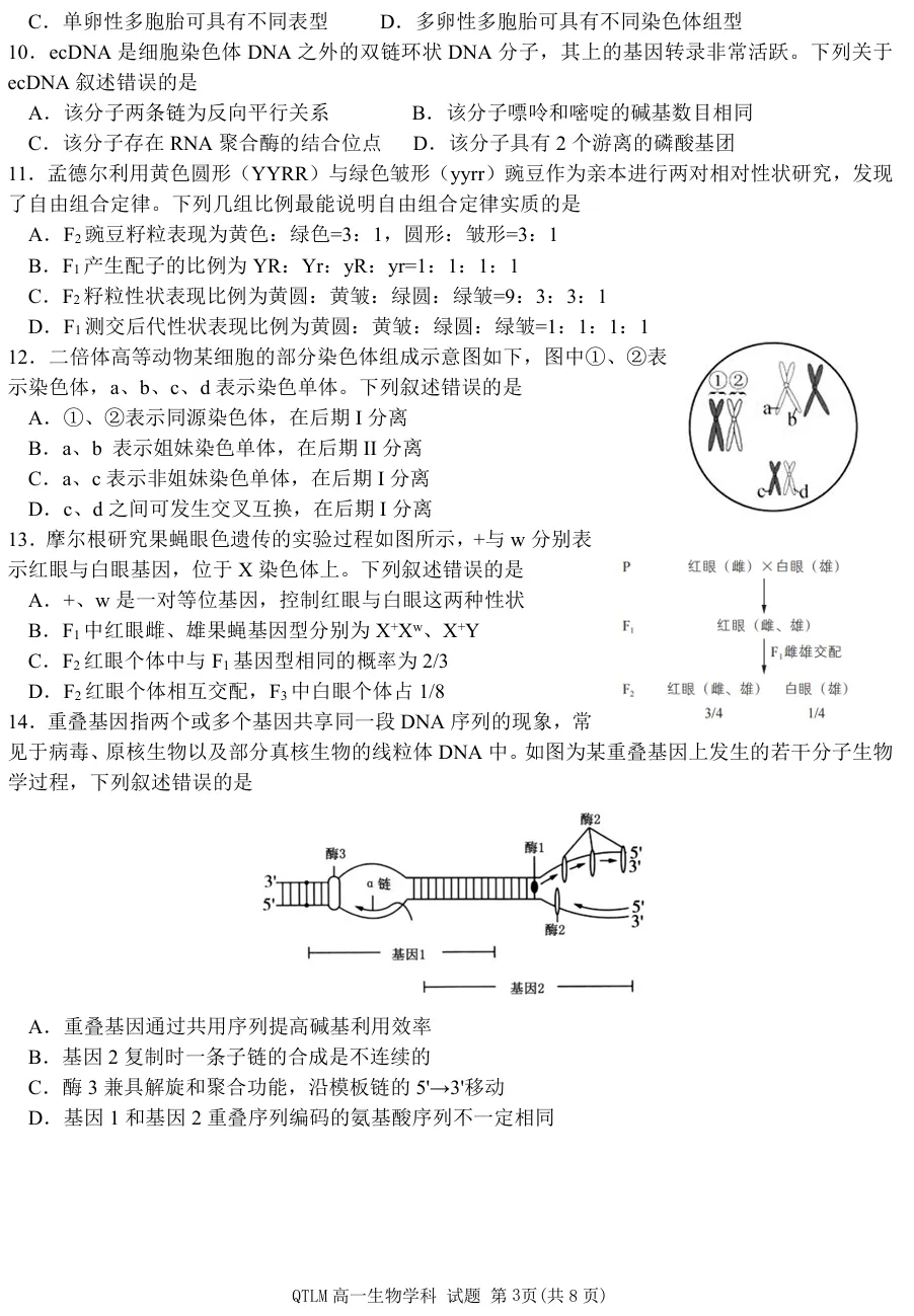 2026年4月钱塘联盟高一期中联考生物试卷、答案 第3张