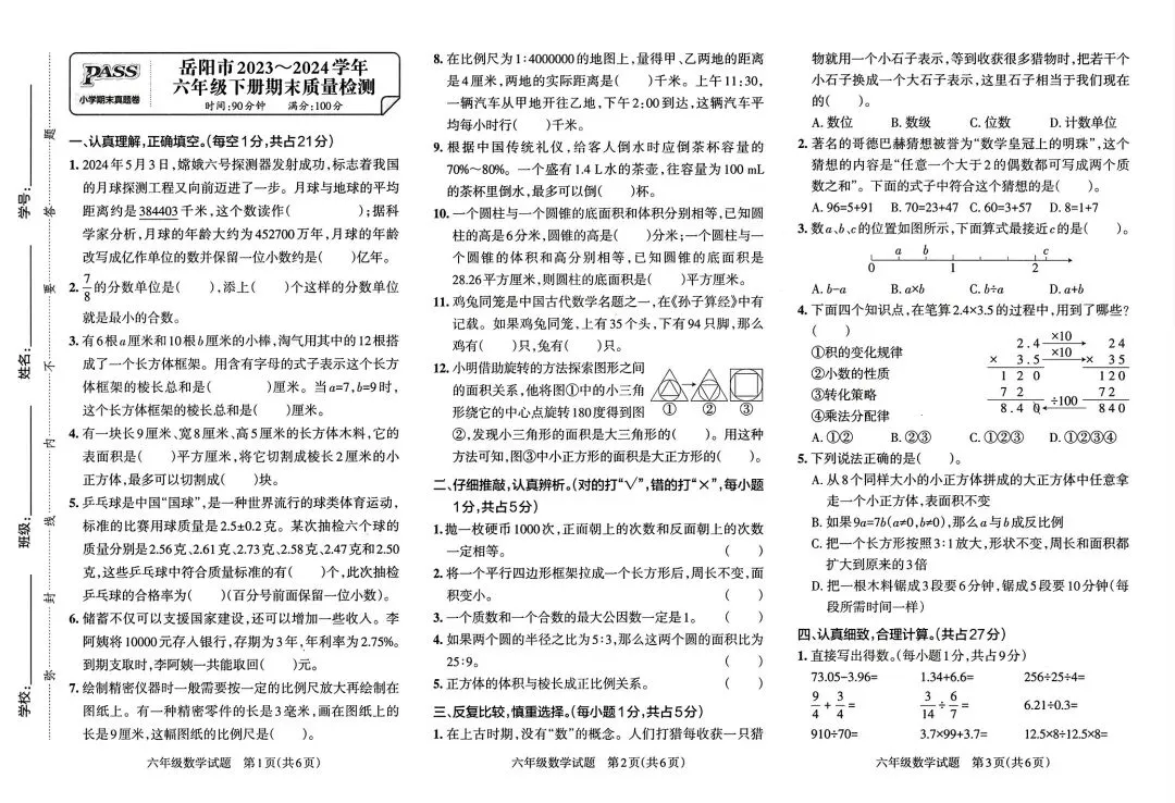 《小学学霸作业本》湖南省期末质量检测真题汇编-人教版湖南专版数学6年级下册丨PDF电子版,可下载打印 第10张