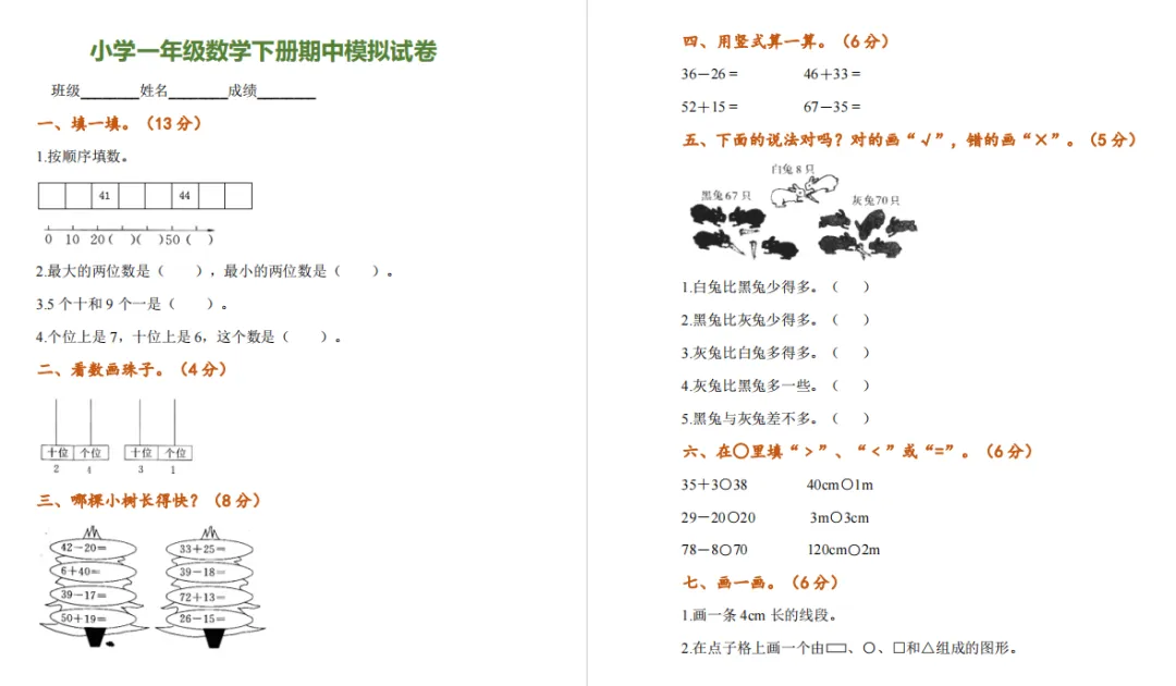 小学一年级数学下册《期中试卷》附答案,考前提升! 第3张
