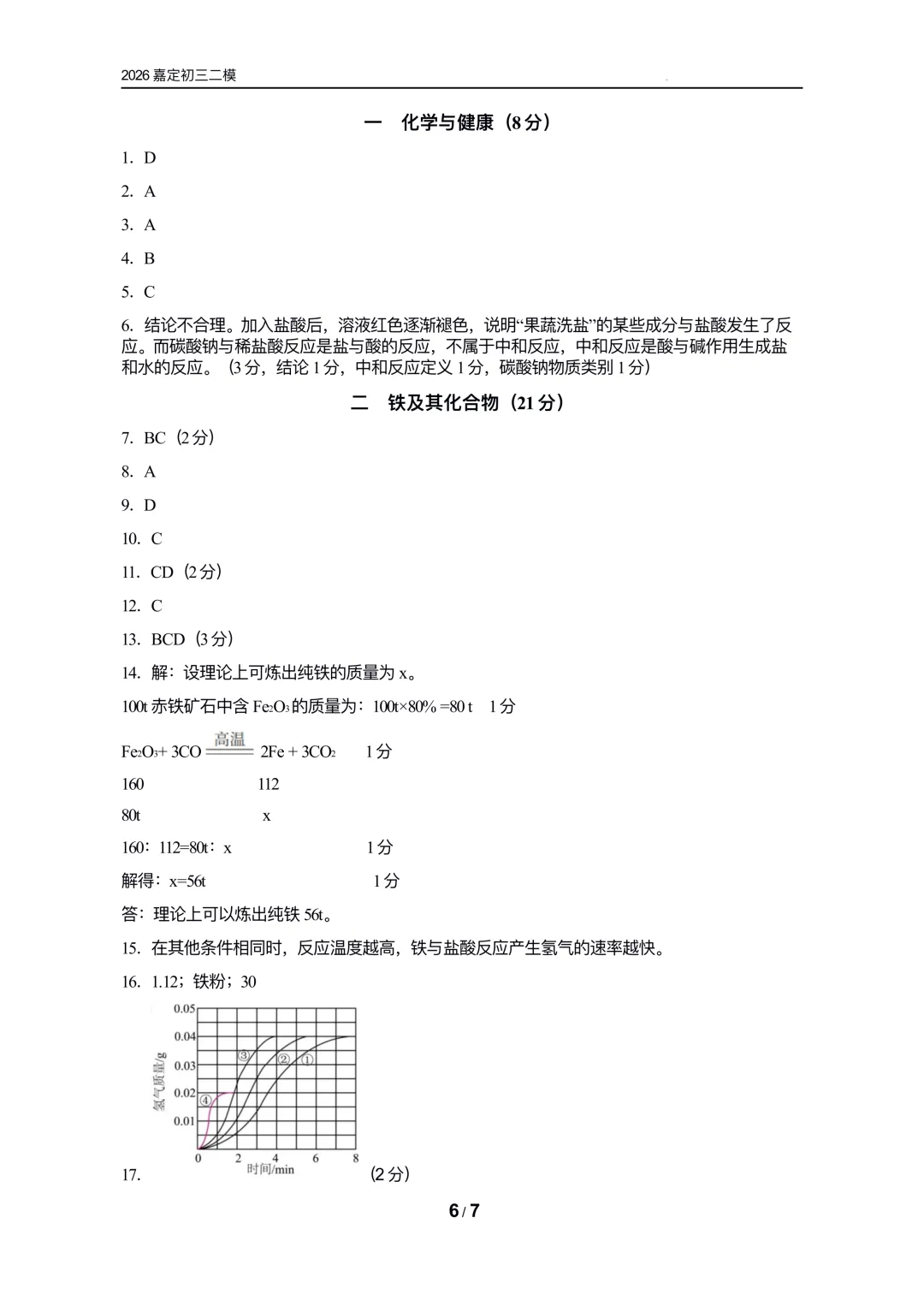 【中考理化二模卷】2026嘉定初三二模物理&化学试卷参考答案 第11张