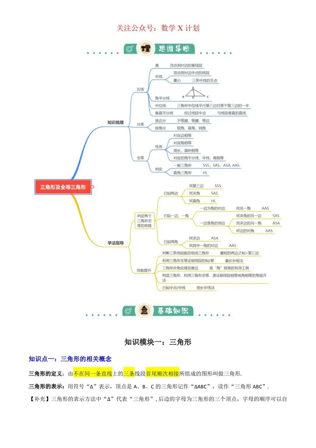 2026年中考数学难考及常考知识点:三角形及全等三角形 (2大模块知识梳理+10个基础考点+6个重难点+4个易错点)(原卷版) 第2张