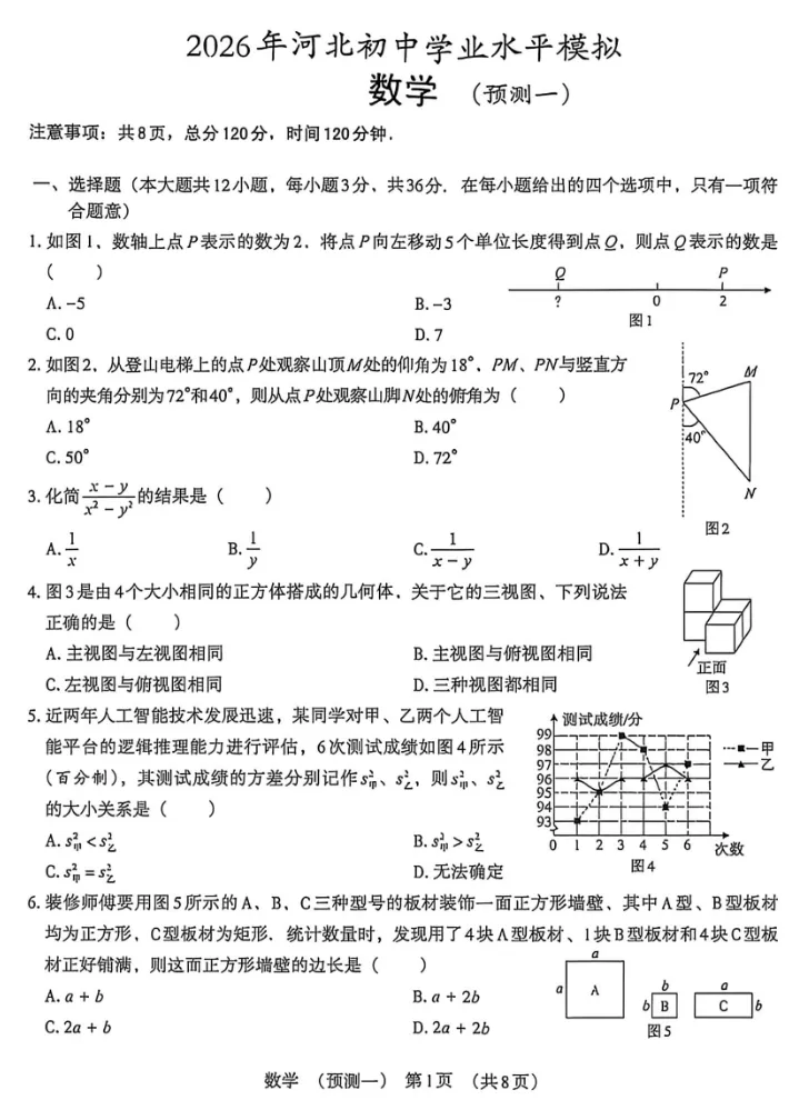 2026年河北省初中学业水平模拟数学试卷(预测一)(文末电子版下载) 第2张