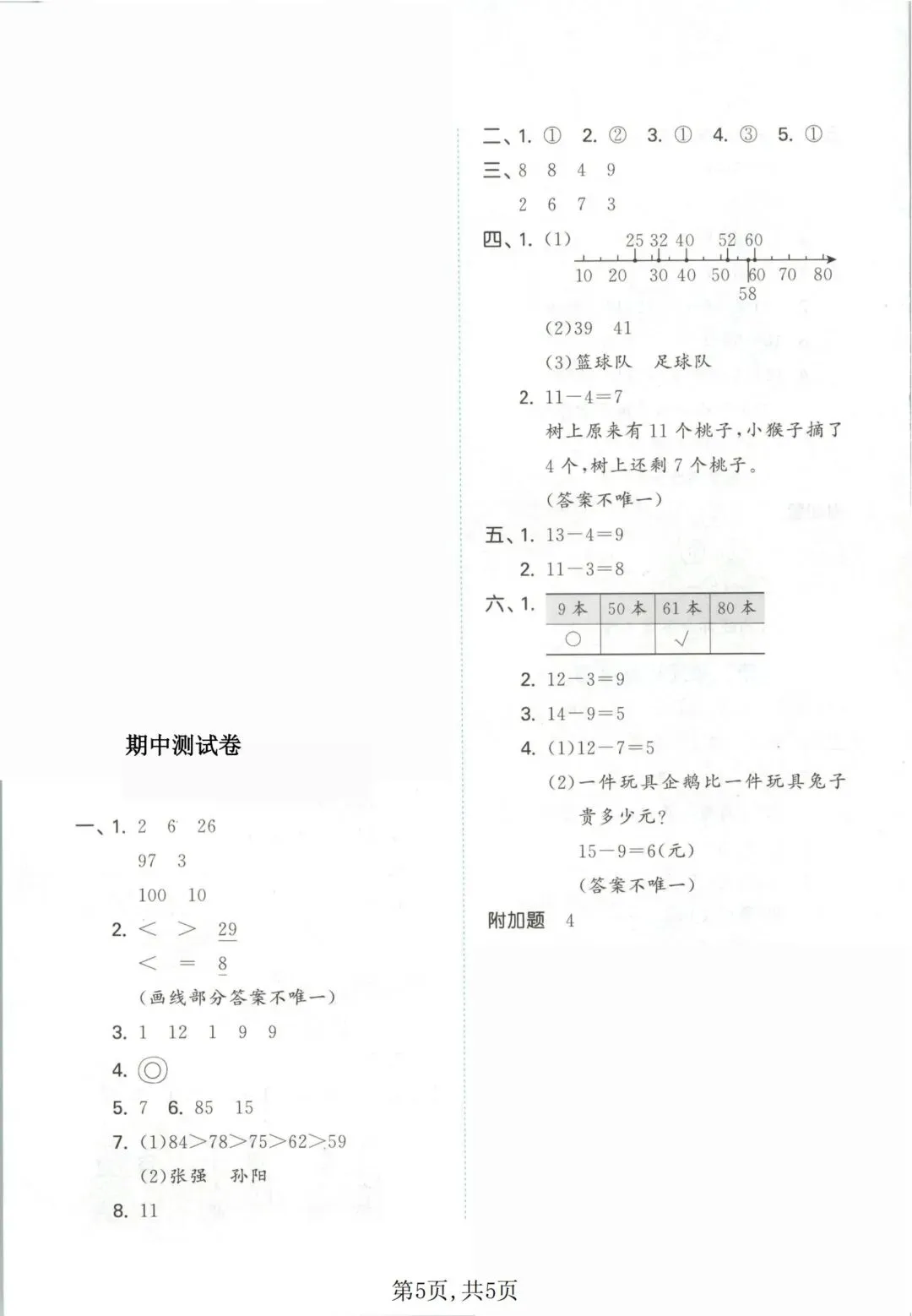 2026 春|一年级下册西师版数学期中试卷 2 套答案 第7张