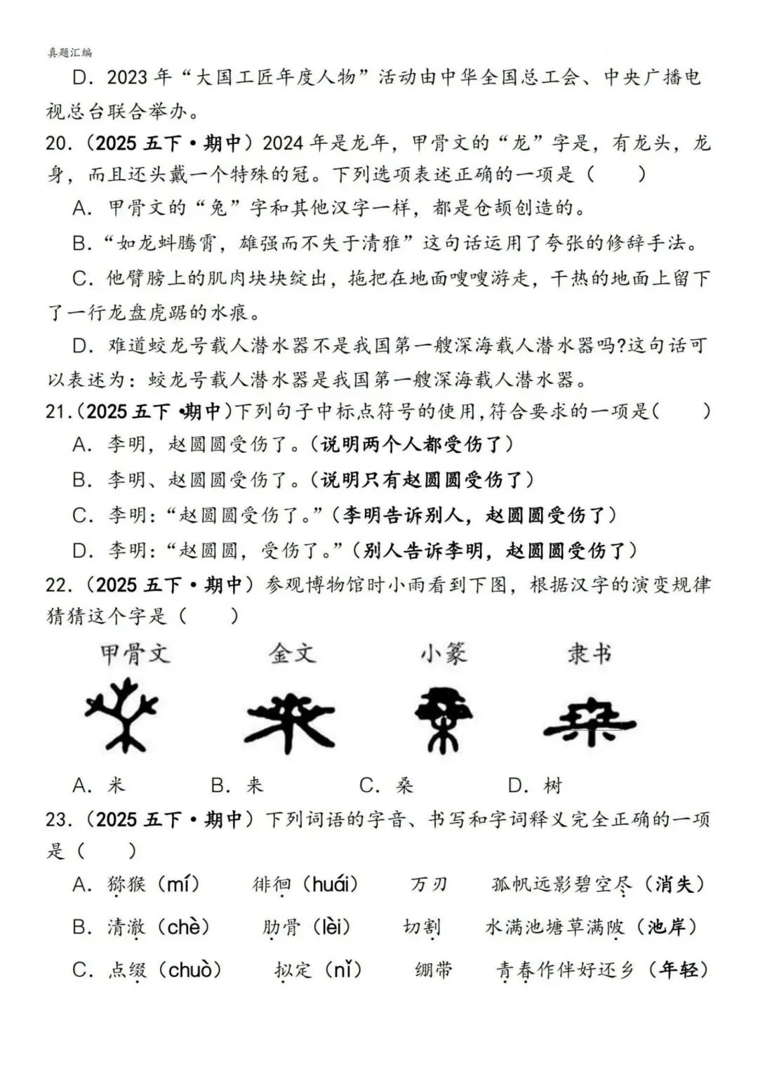 五年级下册语文易错真题专练(选择题150道)附参考答案 第5张