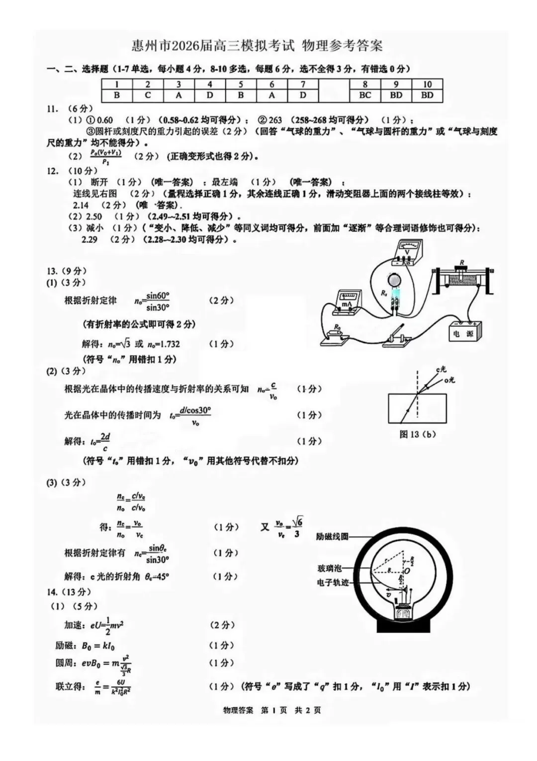 【高三物理】广东惠州市2026届高三4月模拟考试(二模)物理试题+答案 第7张