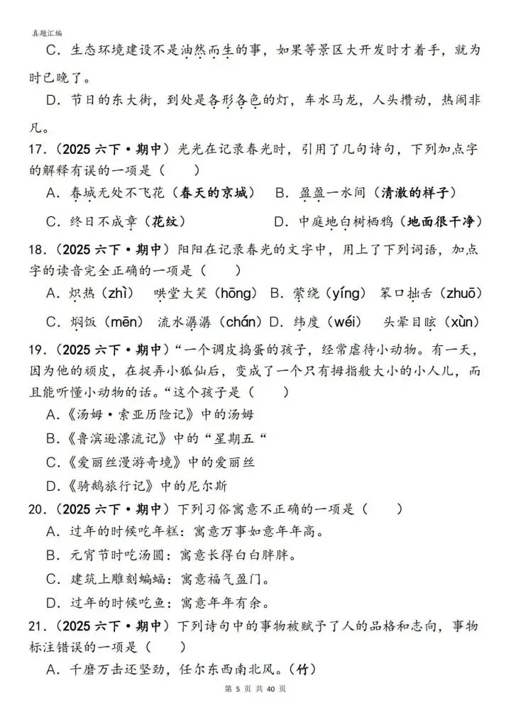 六年级下册语文丨期中易错真题丨选择题专项训练 第5张