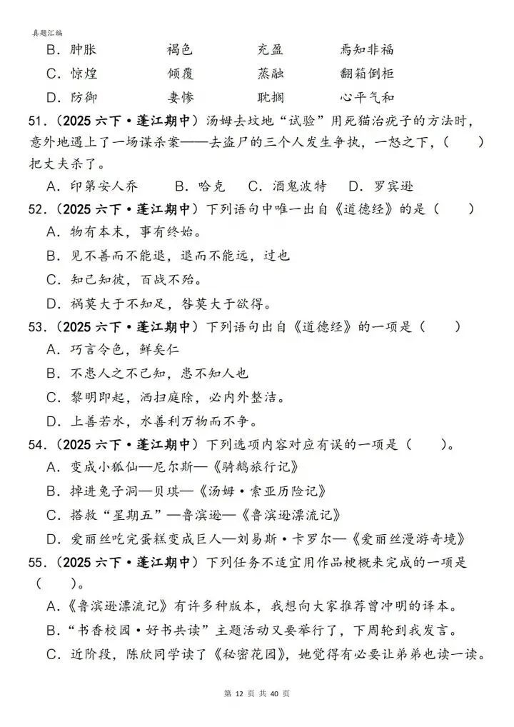 六年级下册语文丨期中易错真题丨选择题专项训练 第12张