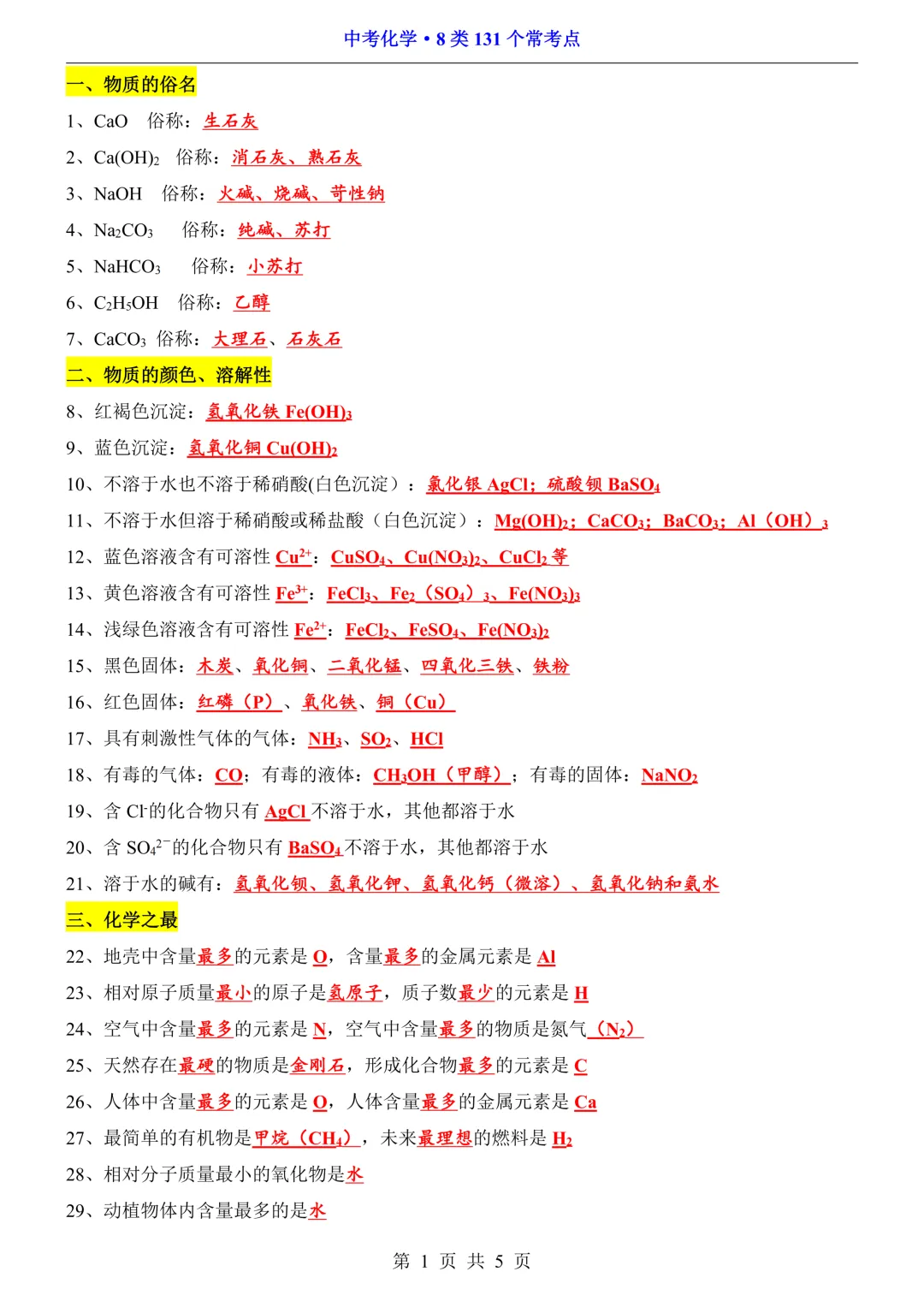 中考化学常考知识点精编合辑(178个问题+8类131考点),电子版免费下载,可直接打印 第2张